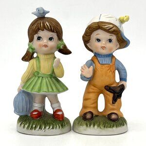 Vintage Homco Porcelain Figurines Boy & Girl Set With Birds and Slingshot